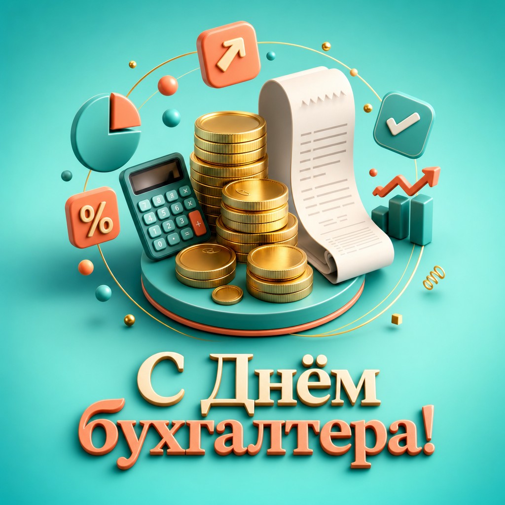 Яркая 3D открытка на День бухгалтера со стопкой монет, чековой лентой и бирюзовым фоном.