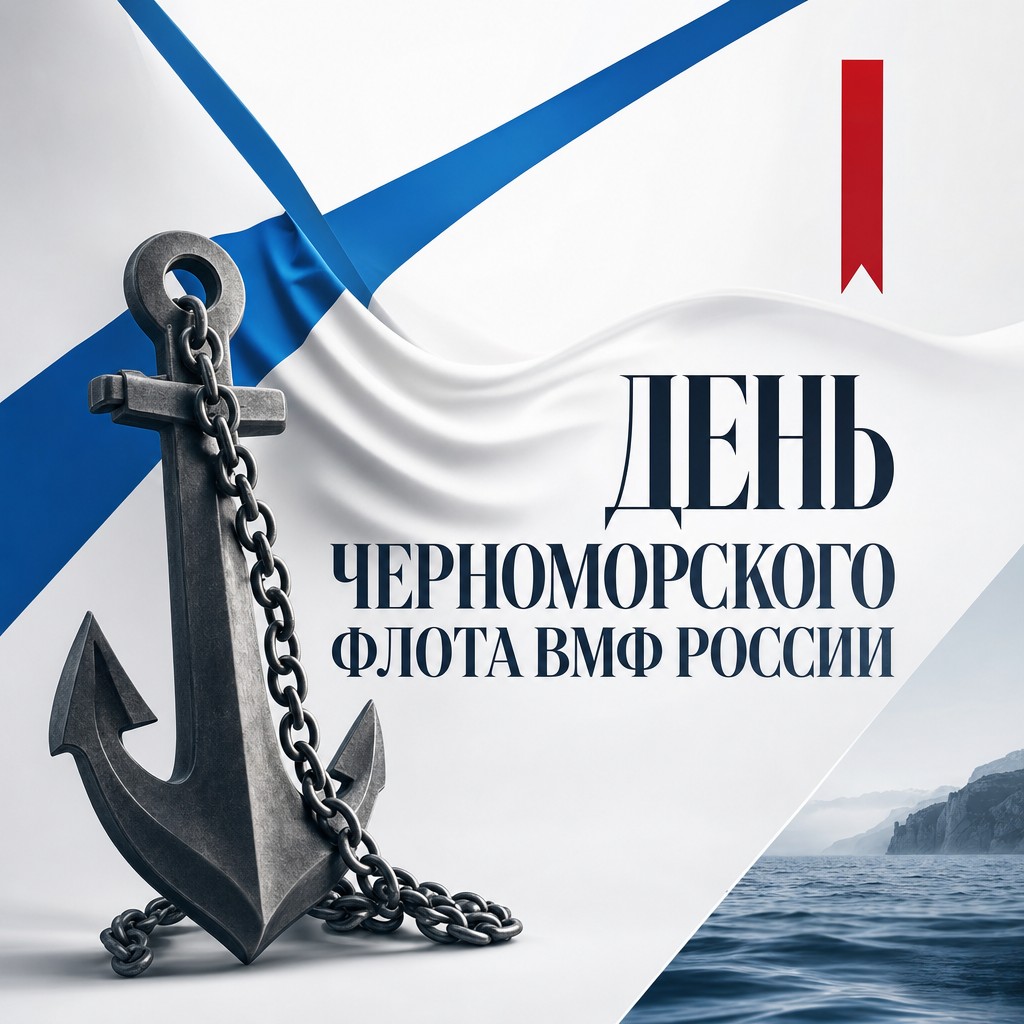 Современная открытка ко Дню Черноморского флота ВМФ России с мотивом Андреевского флага и якорем.