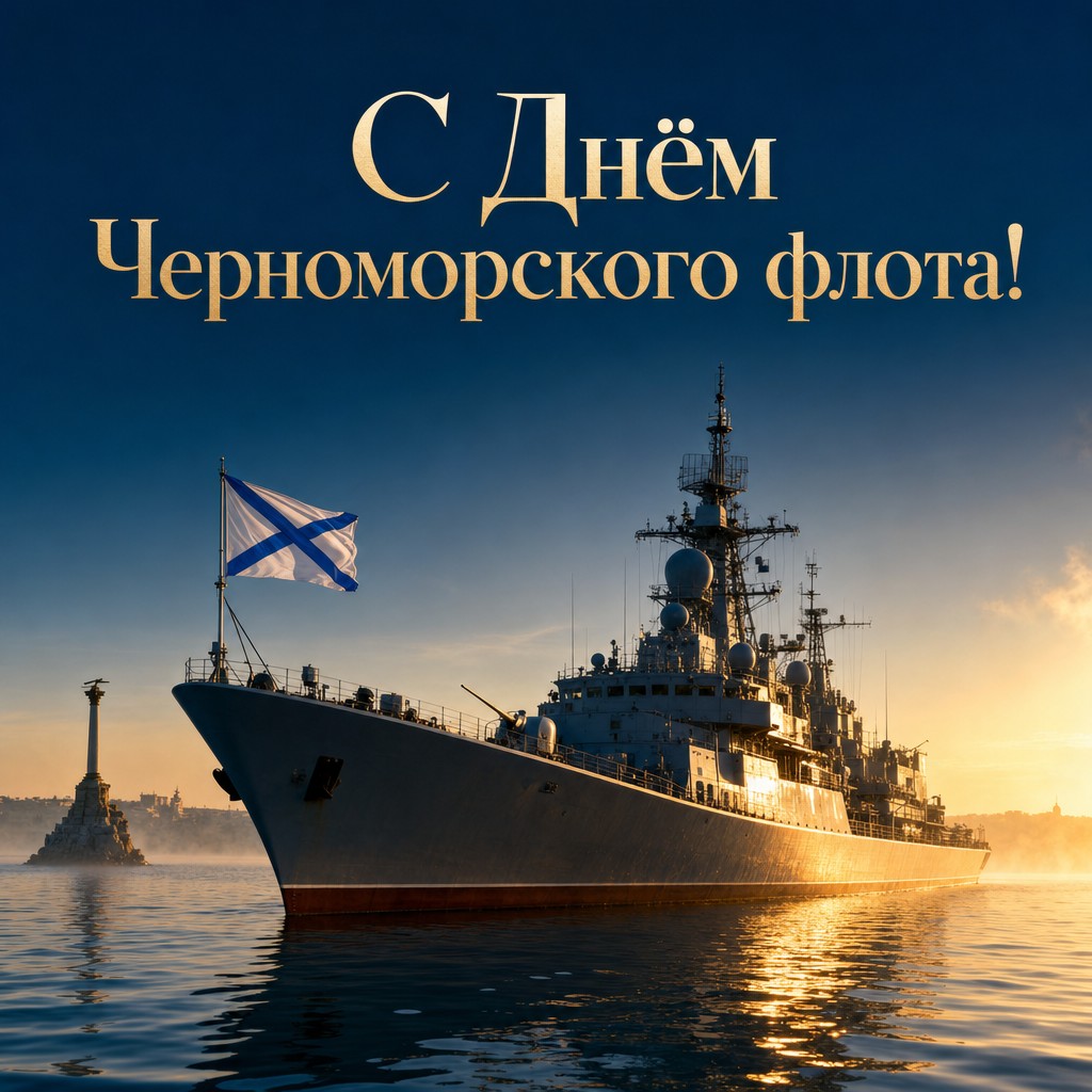 Премиальная открытка ко Дню Черноморского флота ВМФ России с кораблём на рассвете в бухте.