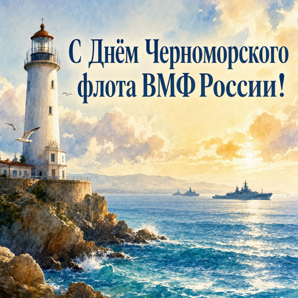 Акварельная открытка ко Дню Черноморского флота ВМФ России с маяком и кораблями на горизонте.