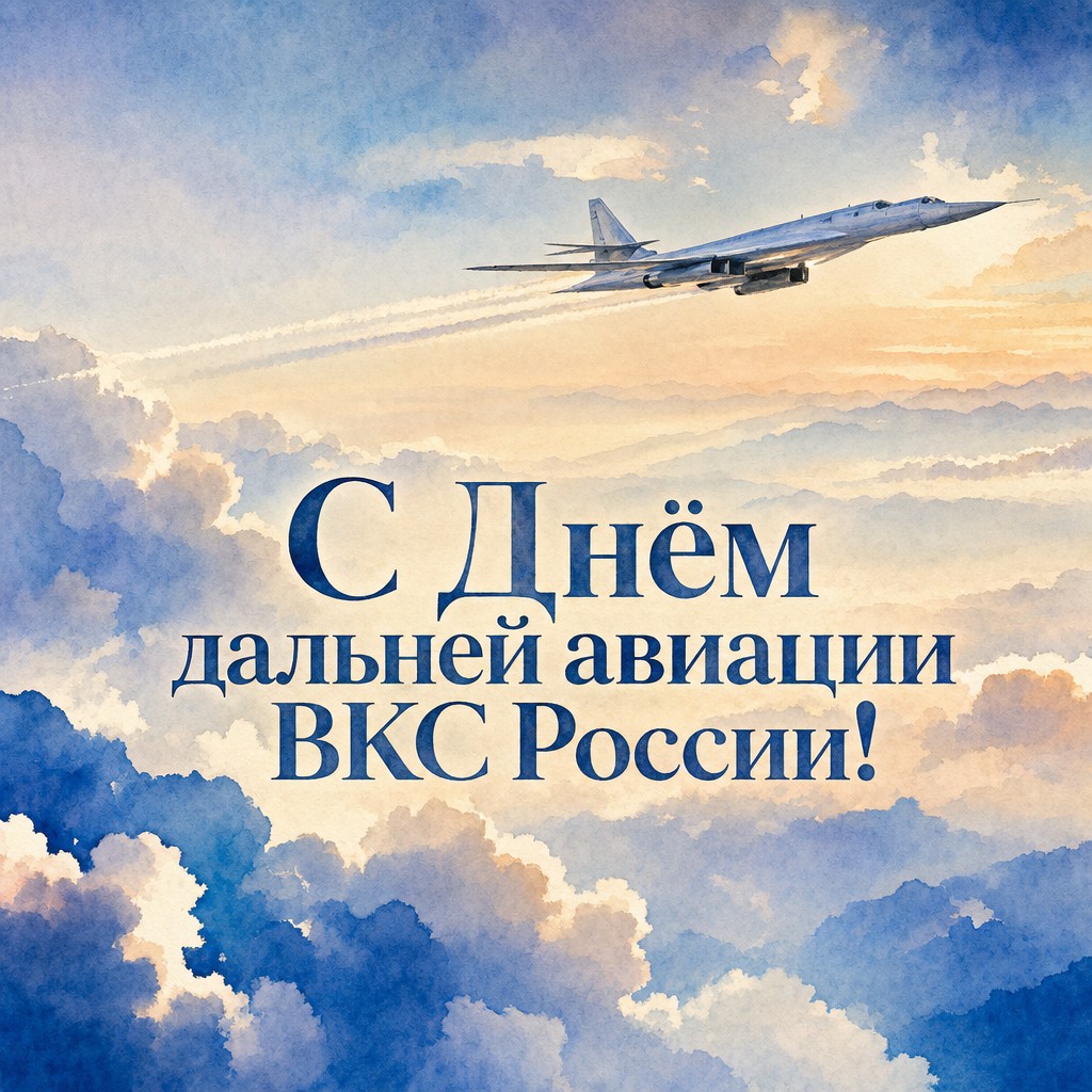 Нежная акварельная открытка ко Дню дальней авиации ВКС России с самолётом и облаками.