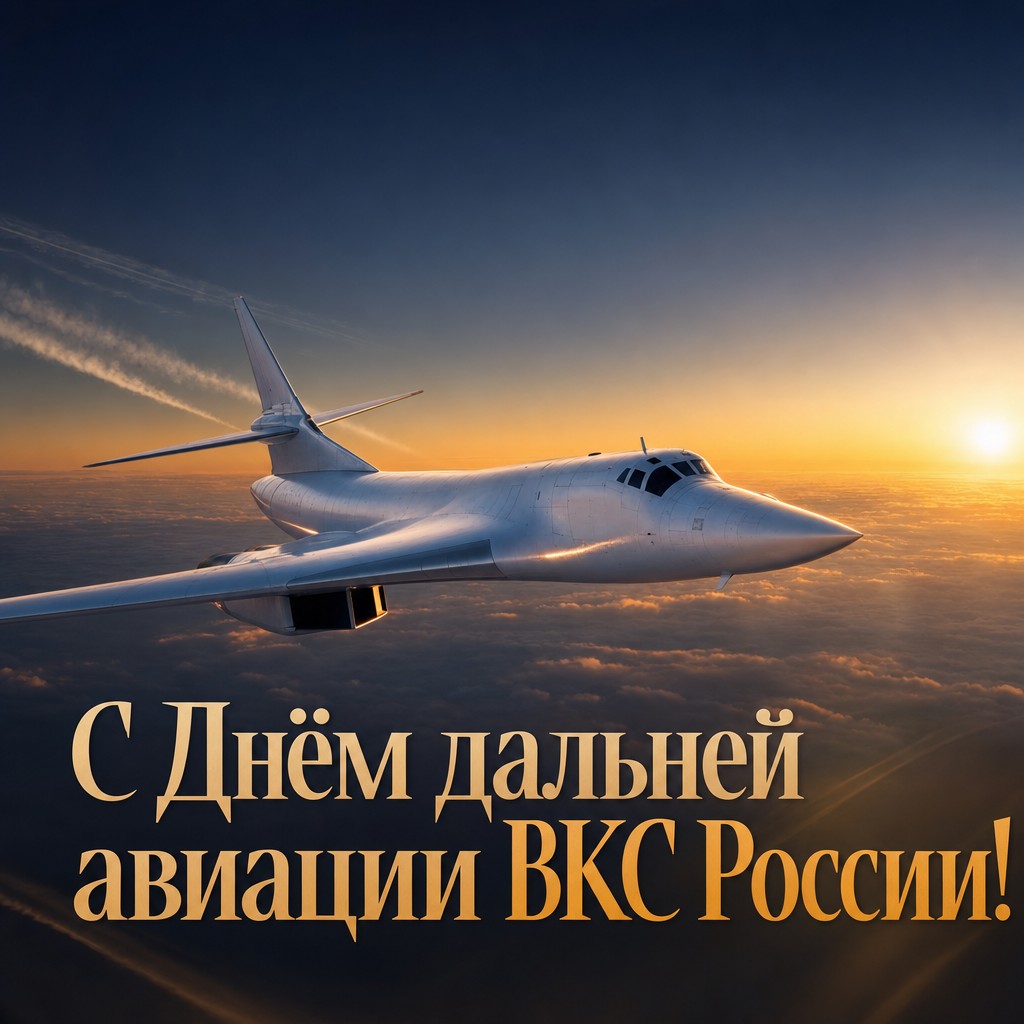 Премиальная открытка ко Дню дальней авиации ВКС России с самолётом над облаками и рассветным светом.