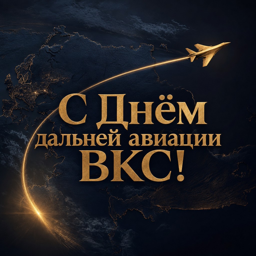 Стильная открытка ко Дню дальней авиации ВКС России с золотой линией полёта на тёмном фоне.