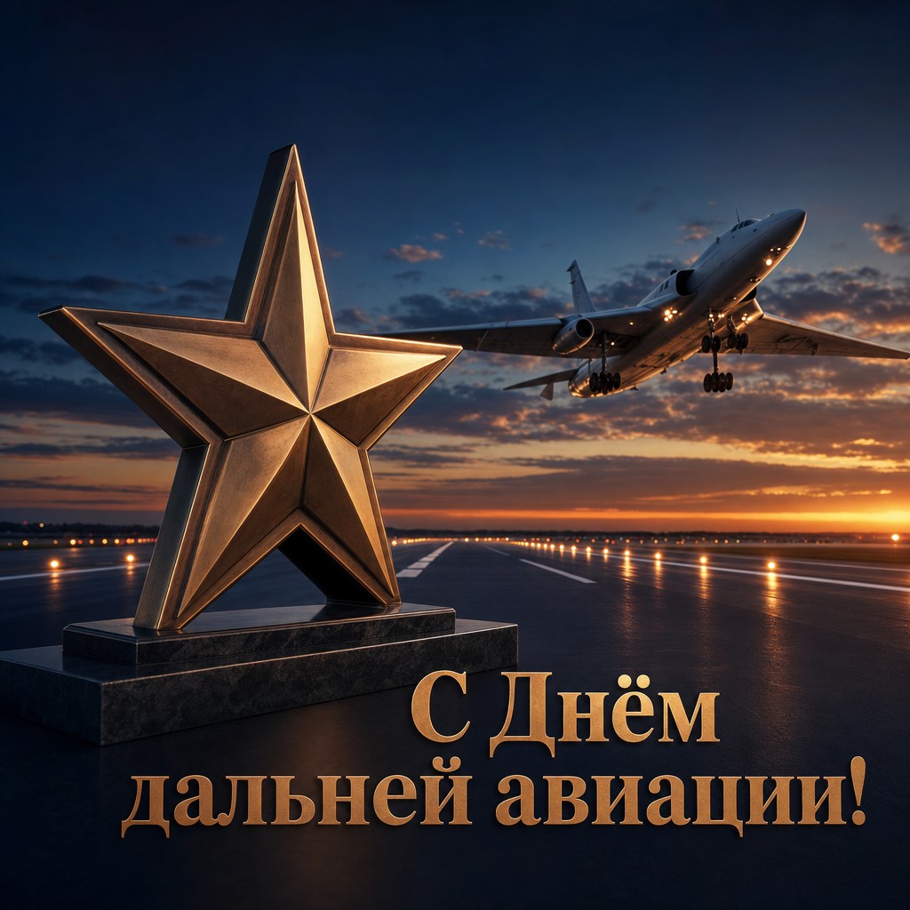 Объёмная открытка ко Дню дальней авиации ВКС России со звездой, взлётной полосой и самолётом.
