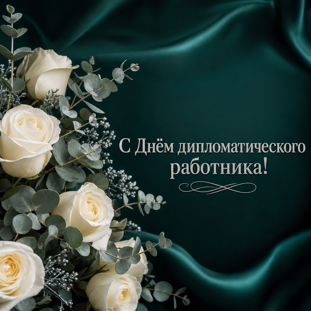 Стильная открытка ко Дню дипломатического работника с белыми розами на изумрудном фоне.