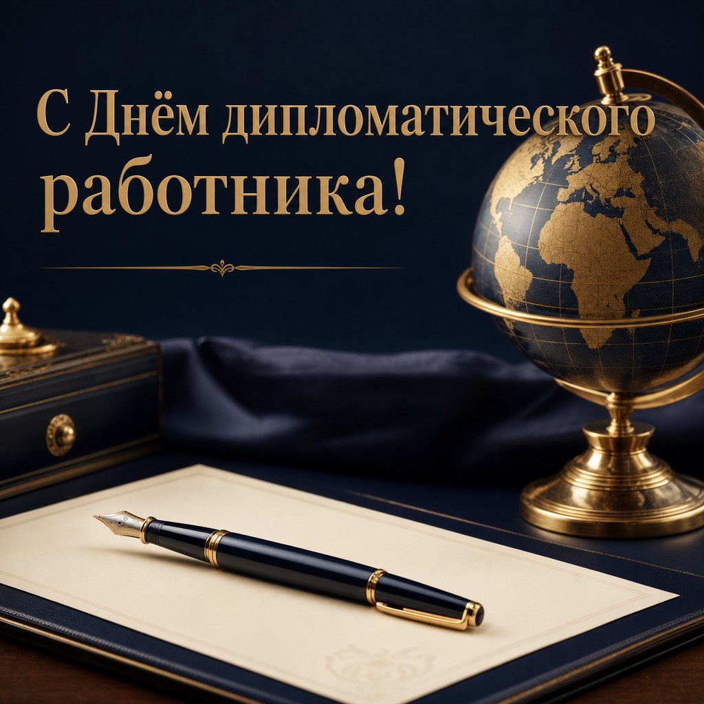 Премиальная открытка ко Дню дипломатического работника с глобусом, перьевой ручкой и благородным светом.