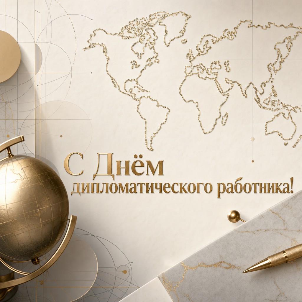 Современная открытка ко Дню дипломатического работника с линейной картой мира и элегантной композицией.