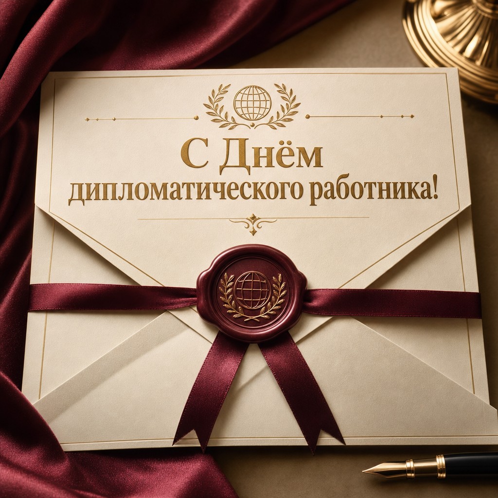 Роскошная открытка ко Дню дипломатического работника с документом, восковой печатью и золотым настроением.