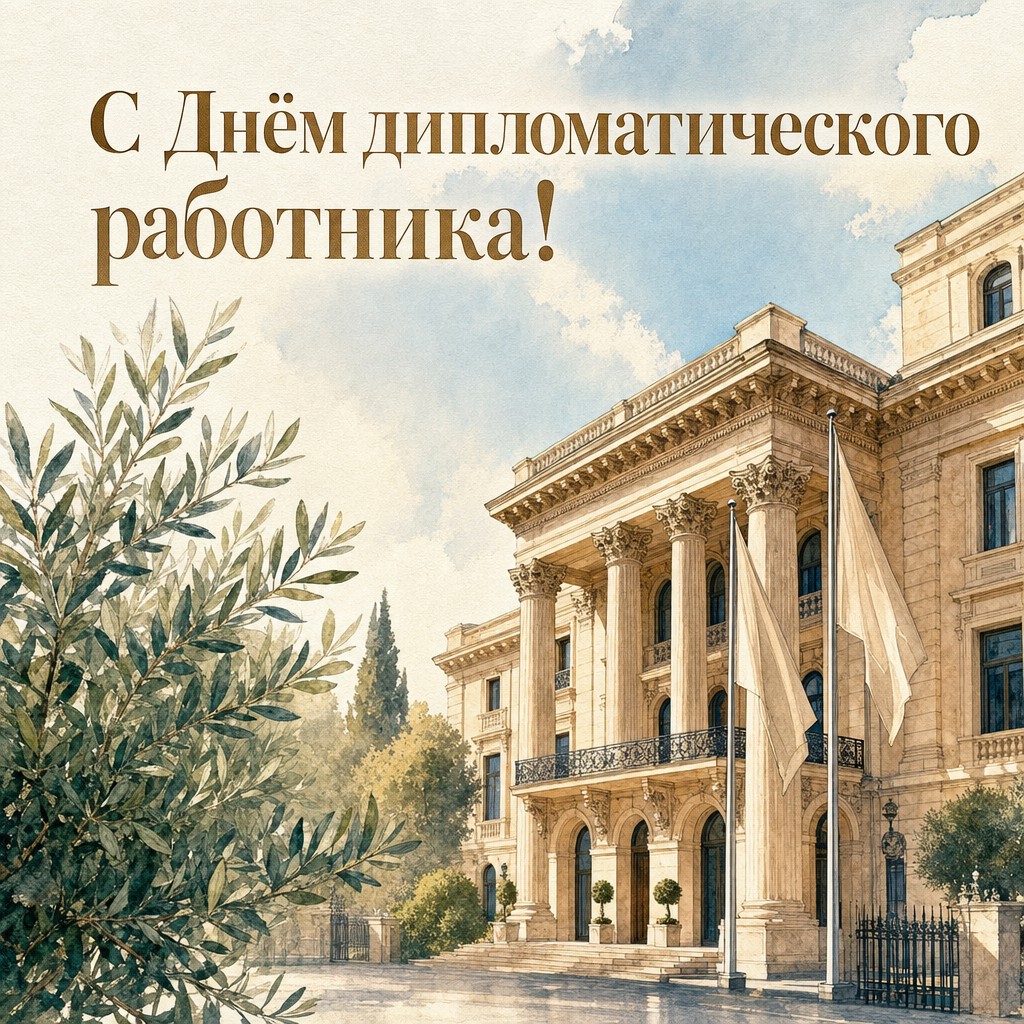 Акварельная открытка ко Дню дипломатического работника со зданием посольства и спокойной официальной атмосферой.