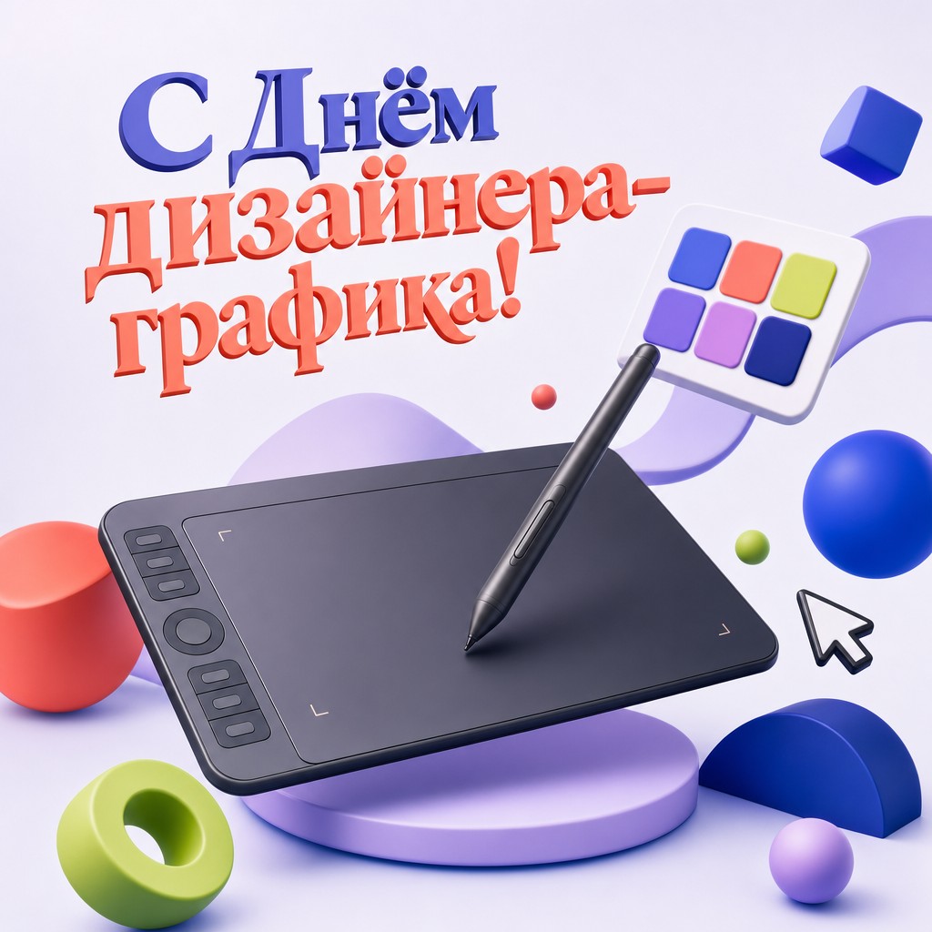 Яркая современная открытка ко Дню дизайнера-графика с 3D-планшетом, стилусом и цветовой палитрой.