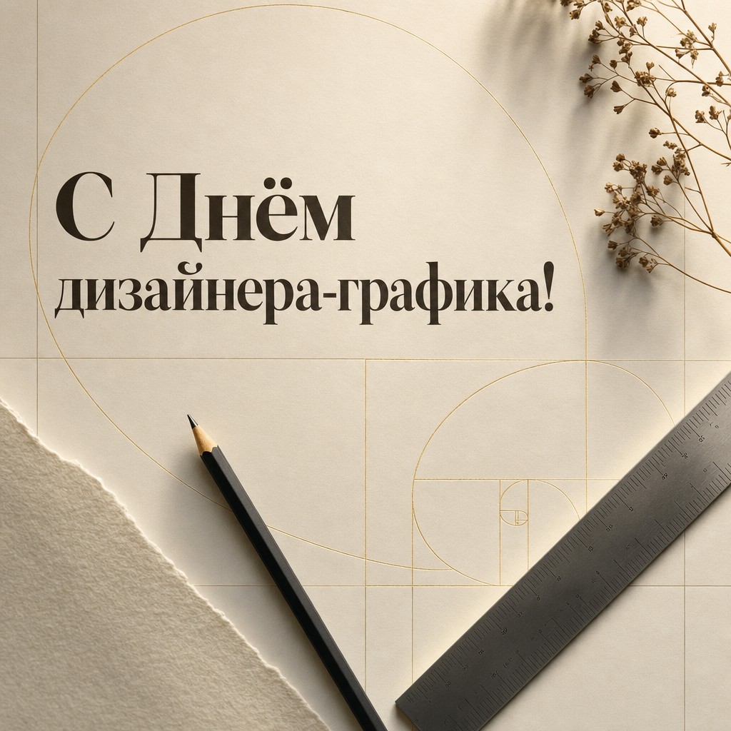Стильная минималистичная открытка ко Дню дизайнера-графика с модульной сеткой, карандашом и премиальным настроением.