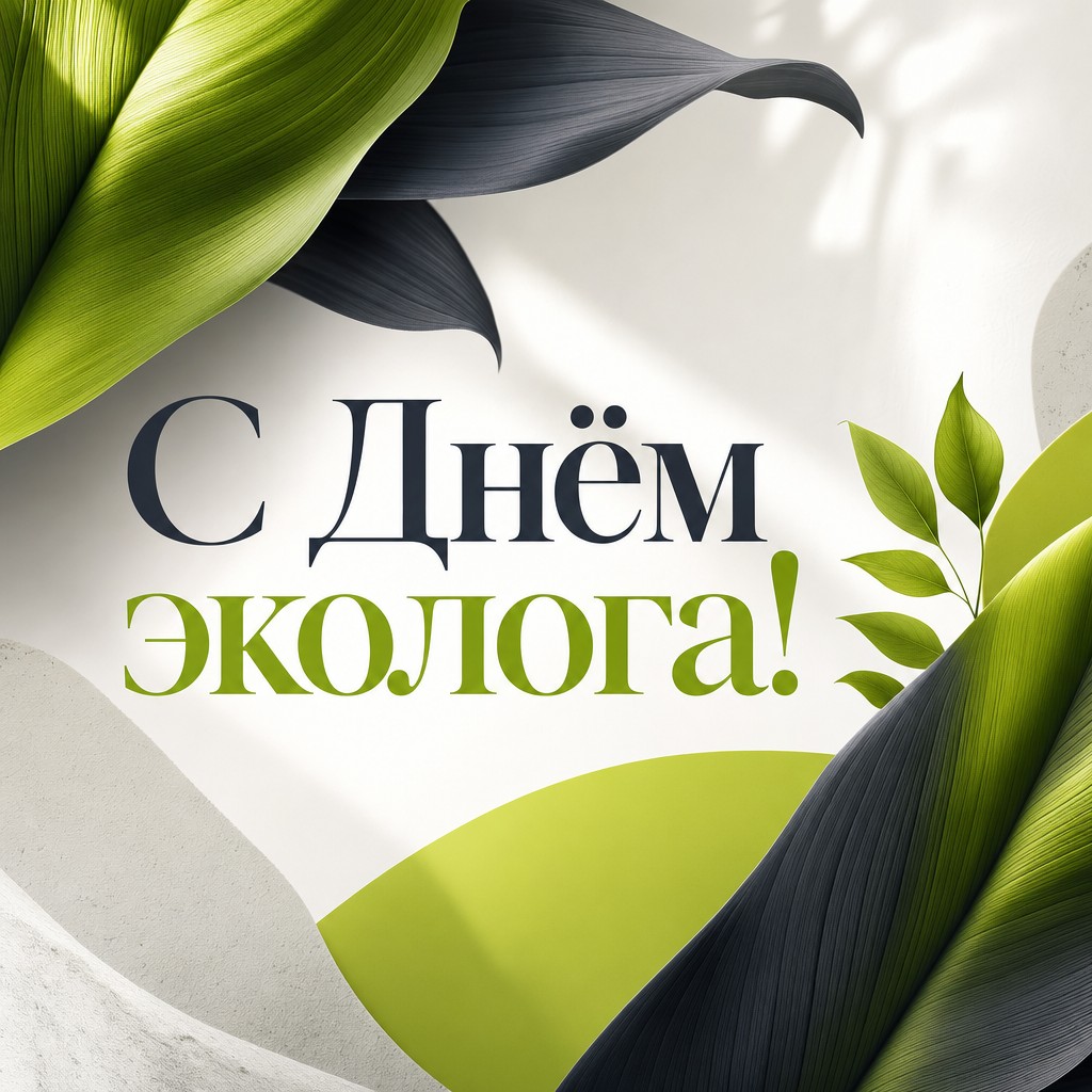 Современная открытка ко Дню эколога с чистой графикой, листьями и свежей зелёной палитрой.