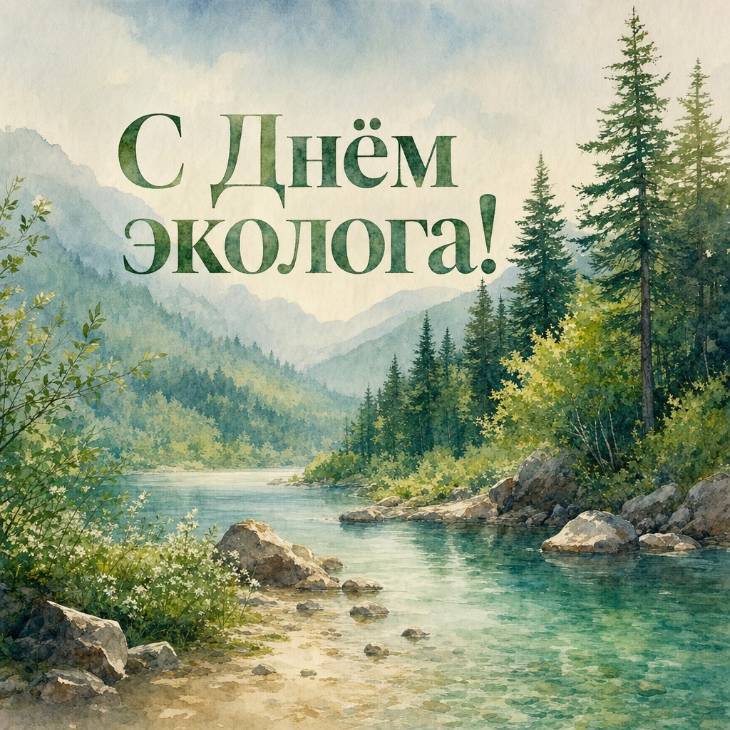 Нежная акварельная открытка ко Дню эколога с чистой лесной рекой, зеленью и спокойной природной атмосферой.