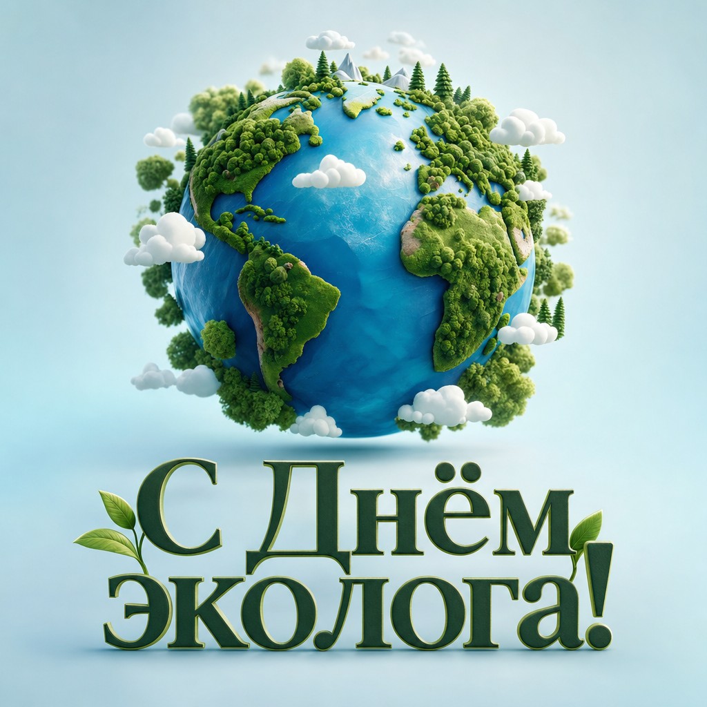 Добрая 3D-открытка ко Дню эколога с планетой Земля, лесами и чистым светлым настроением.