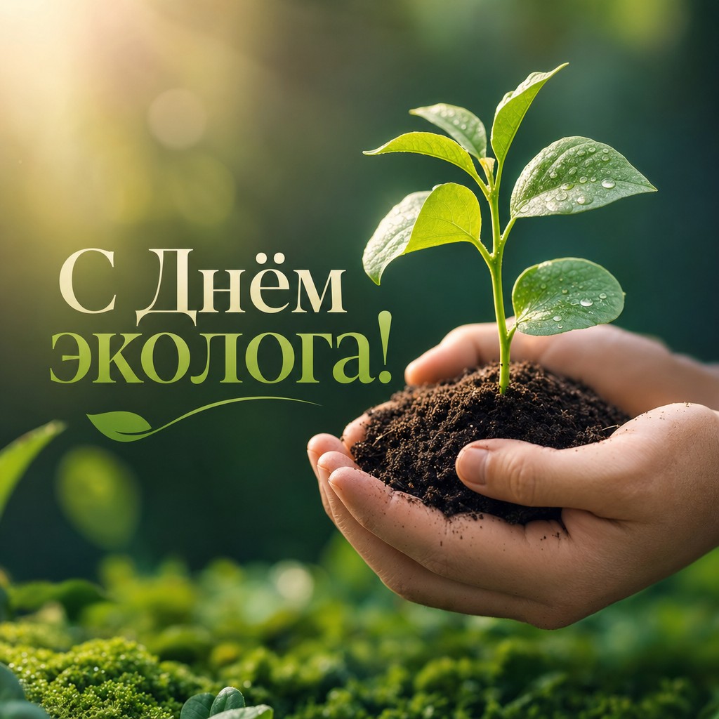 Премиальная открытка ко Дню эколога с нежным ростком в ладонях и светлым природным настроением.