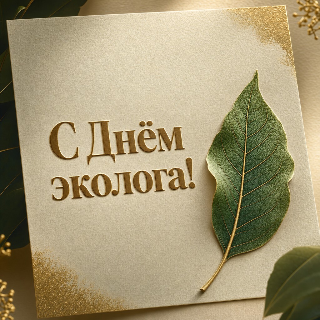 Стильная премиальная открытка ко Дню эколога с тиснёным листом, золотыми акцентами и чистой композицией.