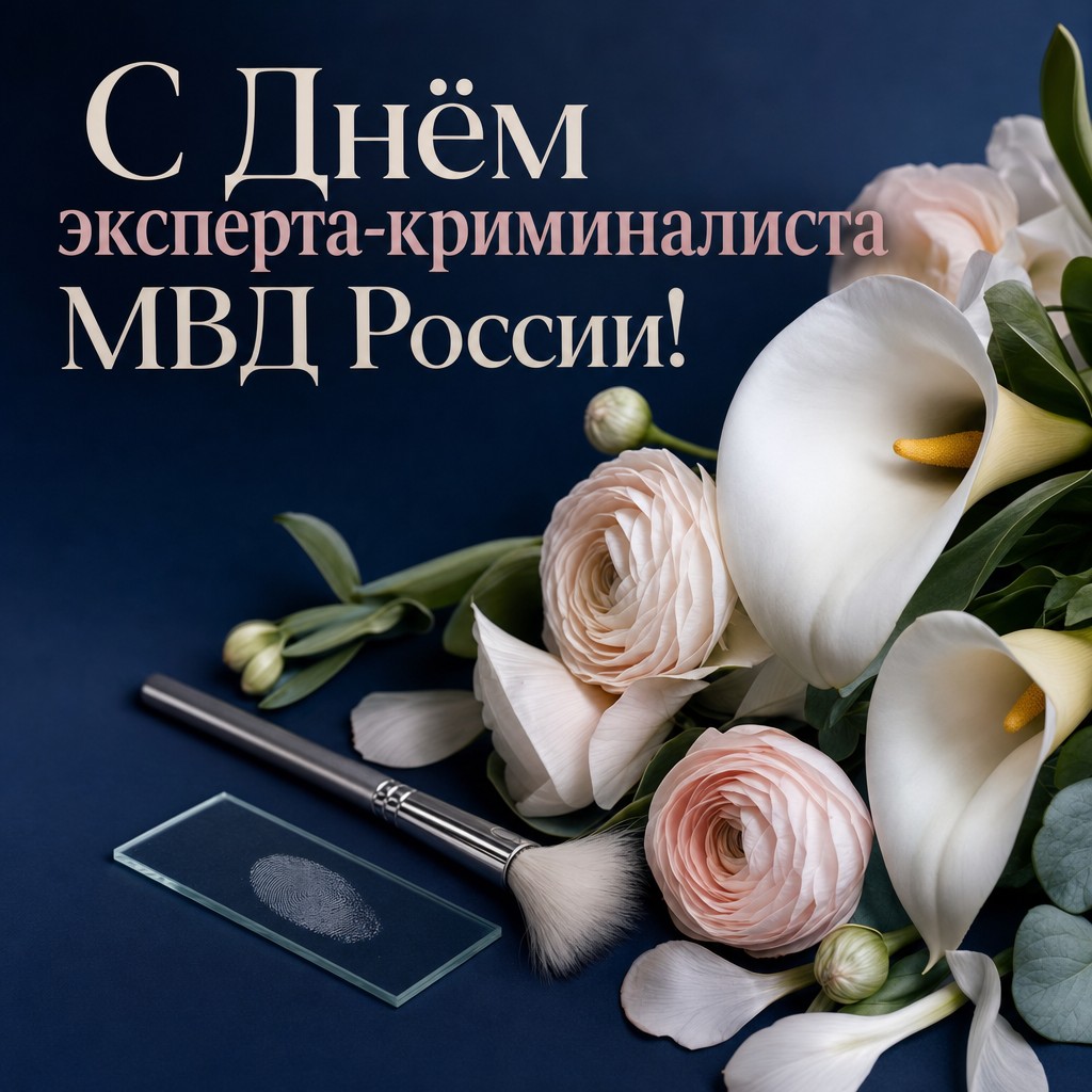 Элегантная открытка на День эксперта-криминалиста МВД России с белыми цветами и профессиональной кистью.