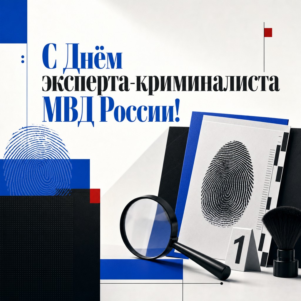 Графичная открытка на День эксперта-криминалиста МВД России с карточками улик и отпечатком.