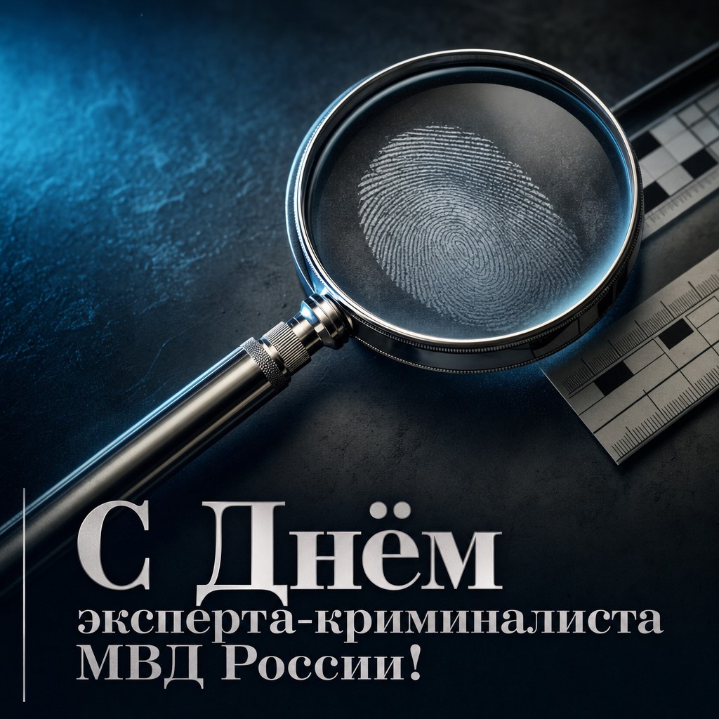 Премиальная открытка ко Дню эксперта-криминалиста МВД России с лупой и отпечатком пальца.