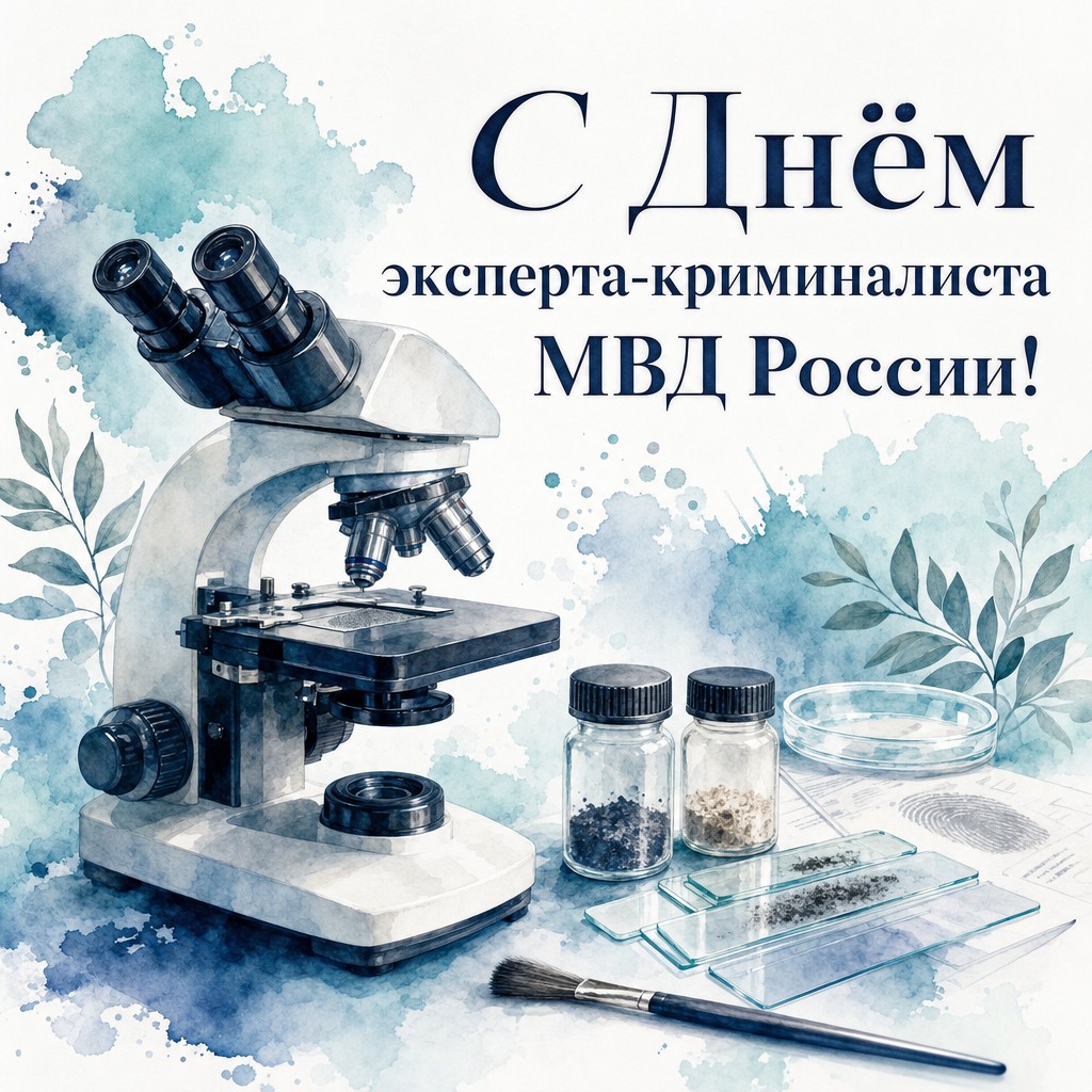 Нежная акварельная открытка на День эксперта-криминалиста МВД России с микроскопом и лабораторными образцами.
