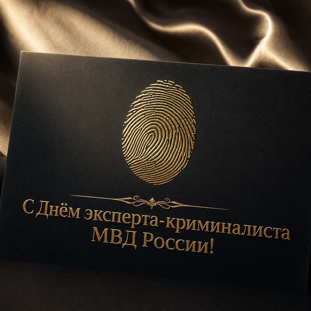 Лаконичная премиальная открытка ко Дню эксперта-криминалиста МВД России с золотым отпечатком пальца.