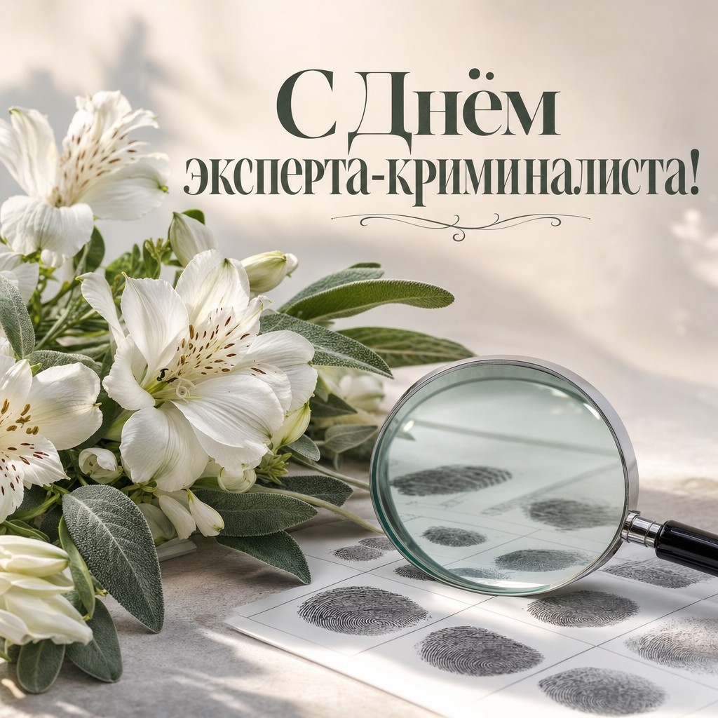 Нежная открытка ко Дню эксперта-криминалиста с белыми цветами, лупой и картой отпечатков.
