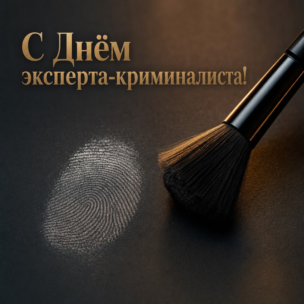 Премиальная открытка ко Дню эксперта-криминалиста с дактилоскопической кистью и отпечатком пальца.