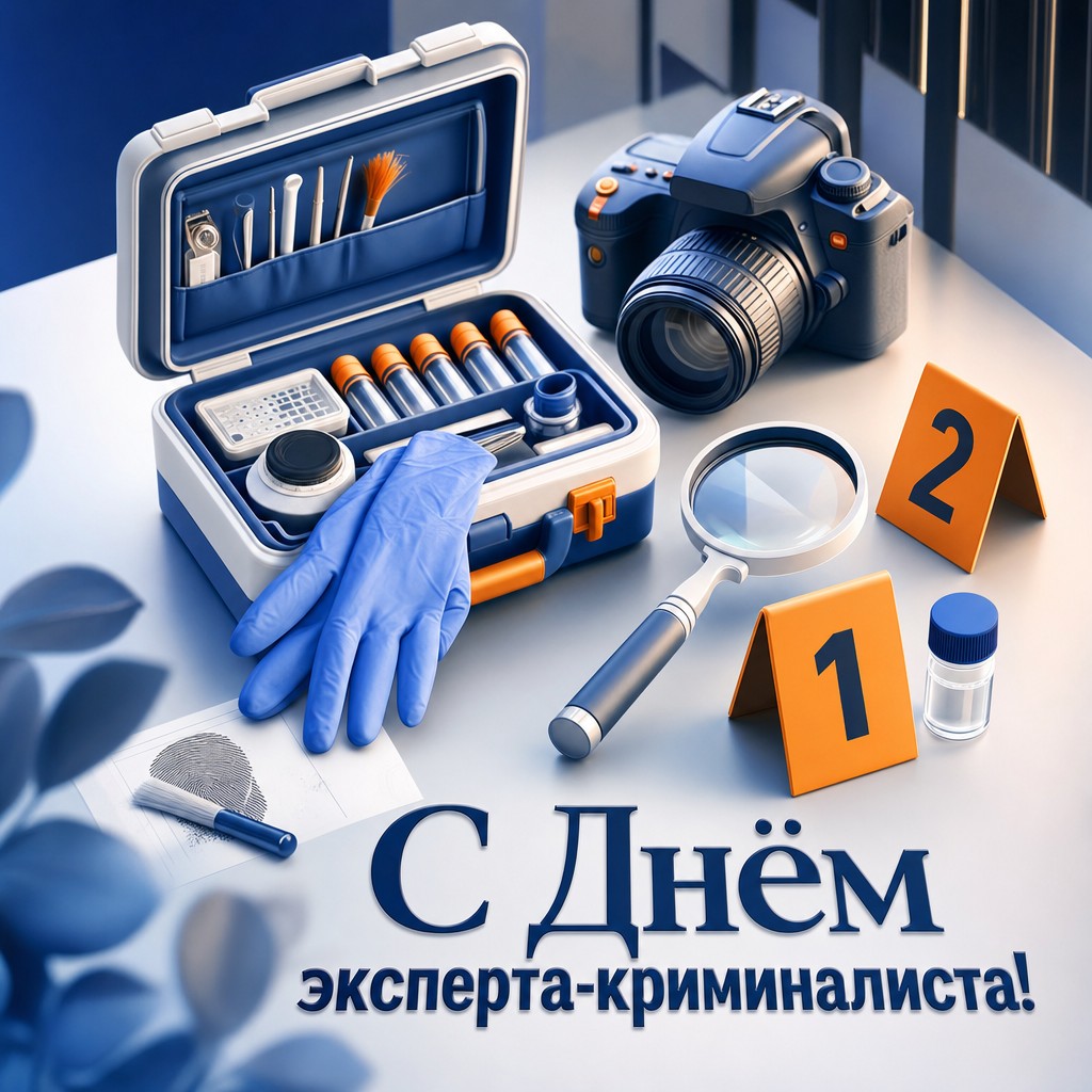 Яркая 3D-открытка ко Дню эксперта-криминалиста с профессиональным криминалистическим набором.