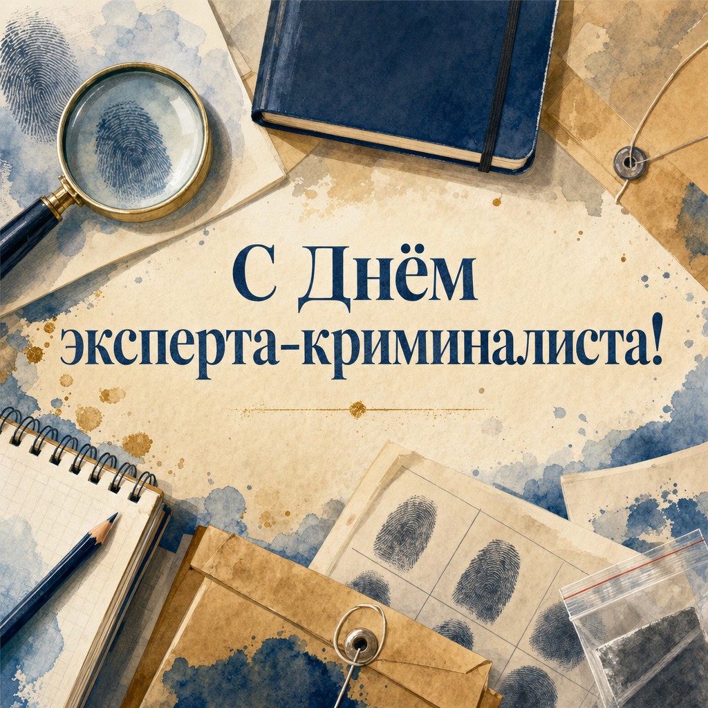 Акварельная открытка ко Дню эксперта-криминалиста с лупой, блокнотом и карточками отпечатков.