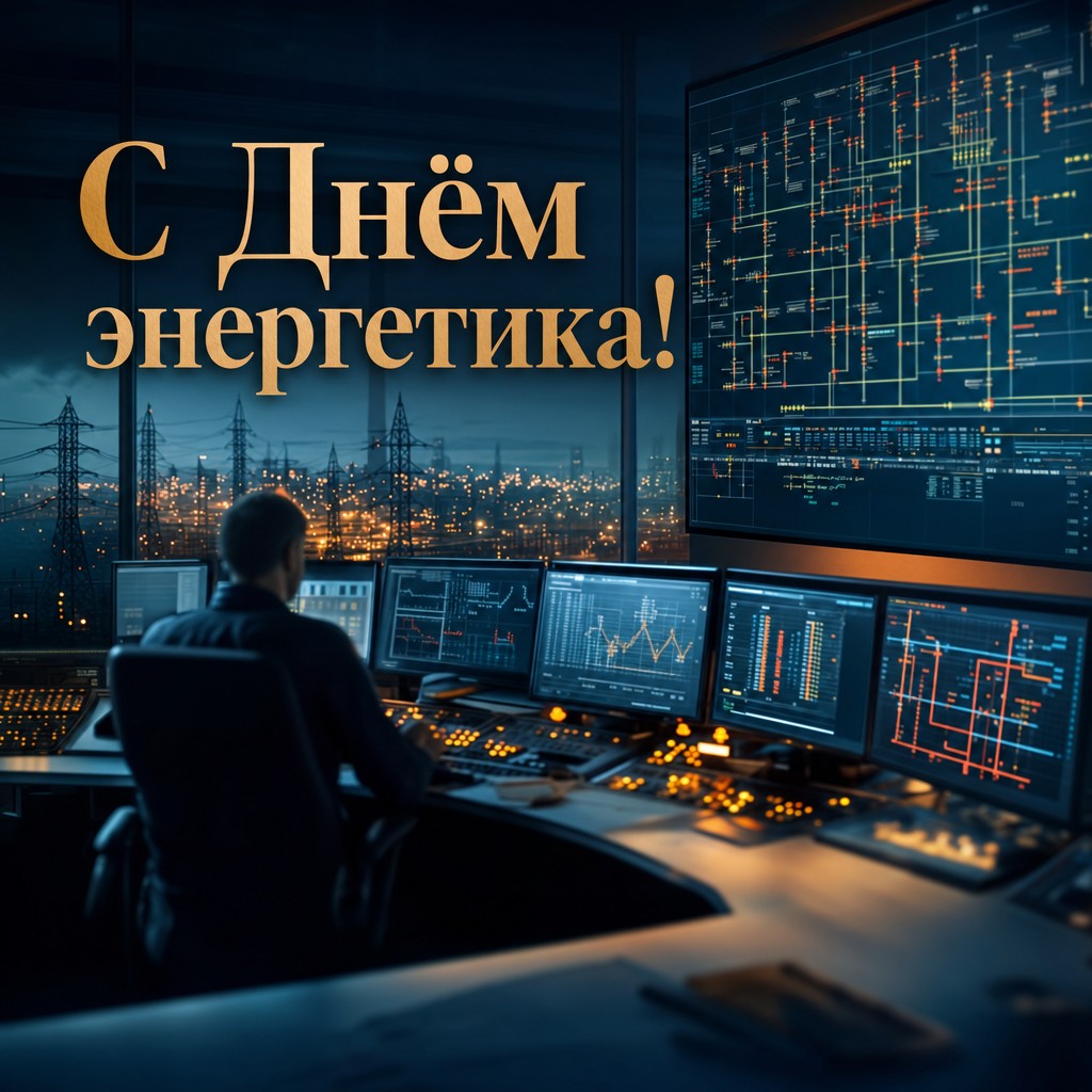 Кинематографичная открытка на День энергетика с пультом управления энергосистемой.