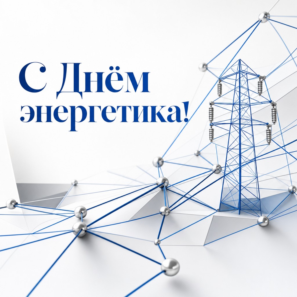 Современная открытка на День энергетика с геометрической схемой электрической сети.