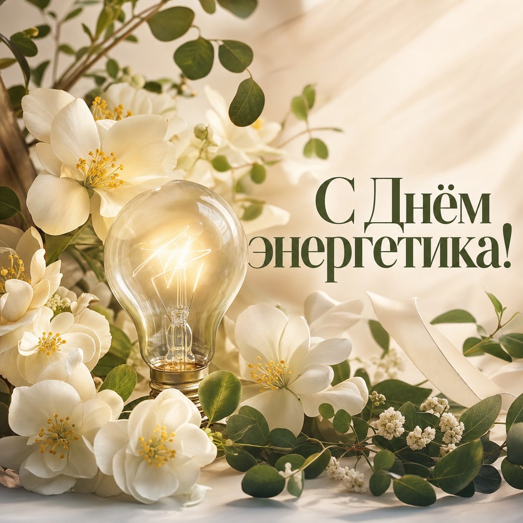 Нежная открытка на День энергетика со светящейся лампочкой и белыми цветами.