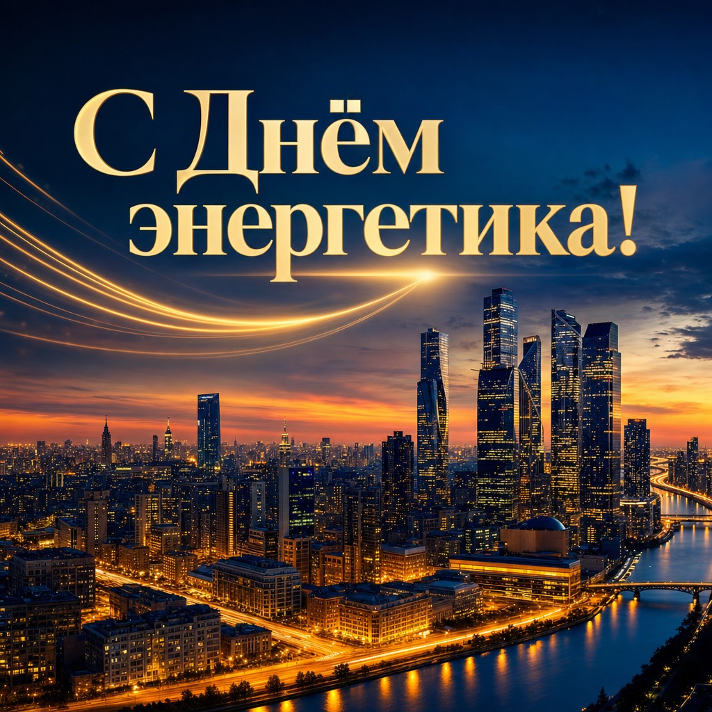 Атмосферная открытка на День энергетика с панорамой города и тёплыми огнями.