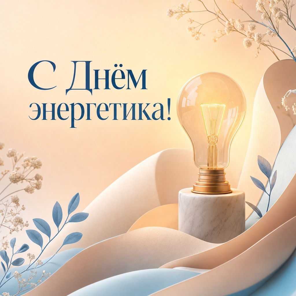 Нежная пастельная открытка на День энергетика с тёплой светящейся лампой.
