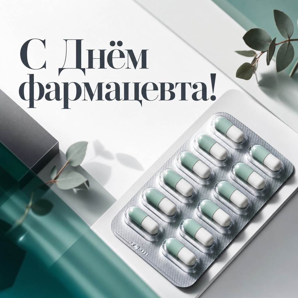 Современная открытка ко Дню фармацевтического работника с блистером капсул в чистом дизайне.