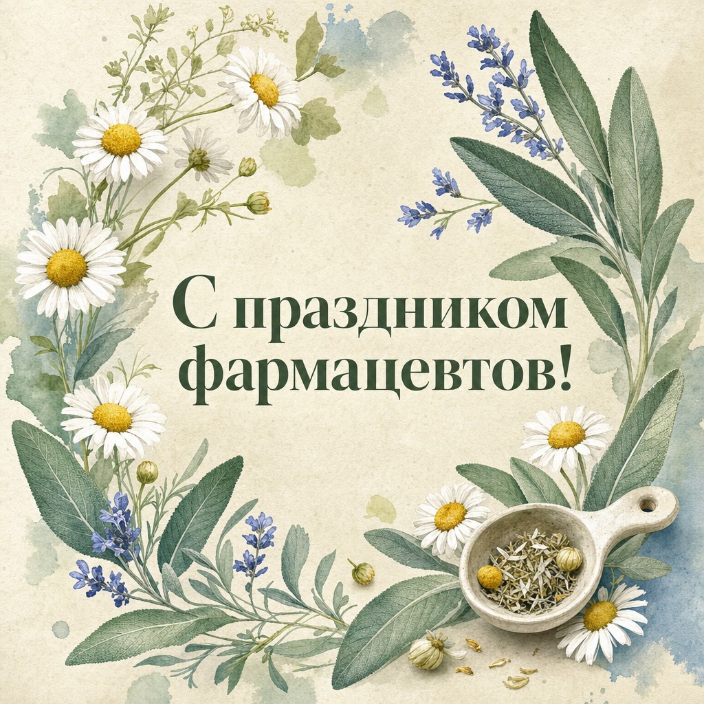 Акварельная открытка ко Дню фармацевтического работника с лекарственными травами и мягкой палитрой.