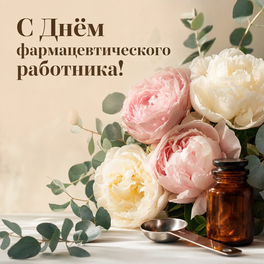 Нежная открытка ко Дню фармацевтического работника с пионами, эвкалиптом и аптечным флаконом.