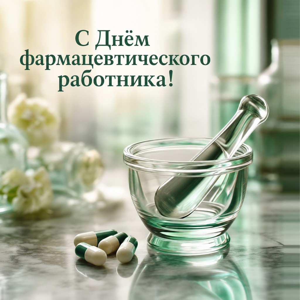 Премиальная открытка ко Дню фармацевтического работника со стеклянной ступкой и мягким светом.
