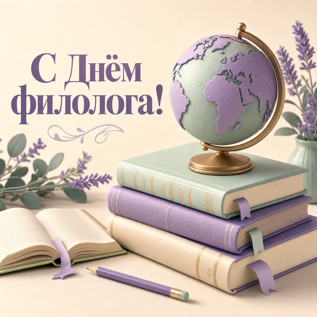 Милая 3D-открытка на День филолога с глобусом, книгами и мягкой пастельной палитрой.