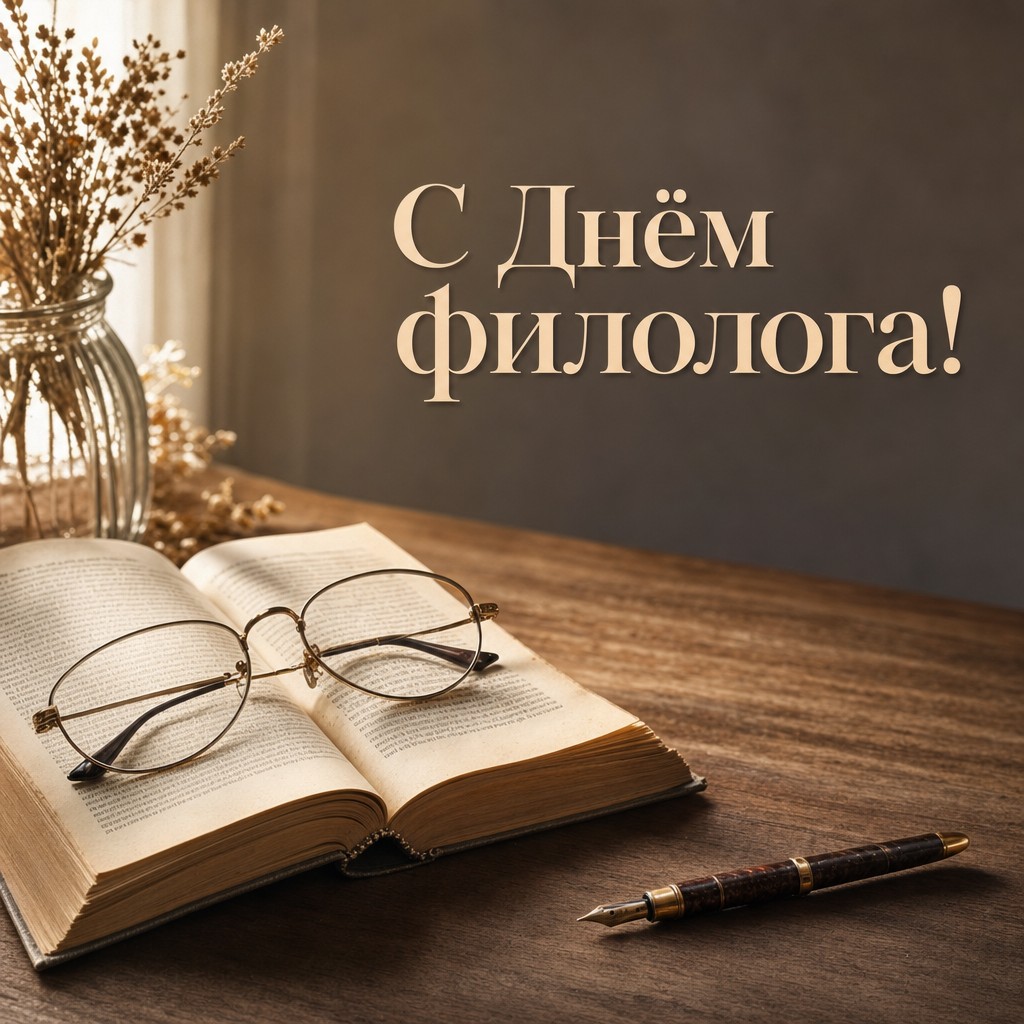 Премиальная открытка на День филолога с открытым словарём, очками и уютной академической атмосферой.