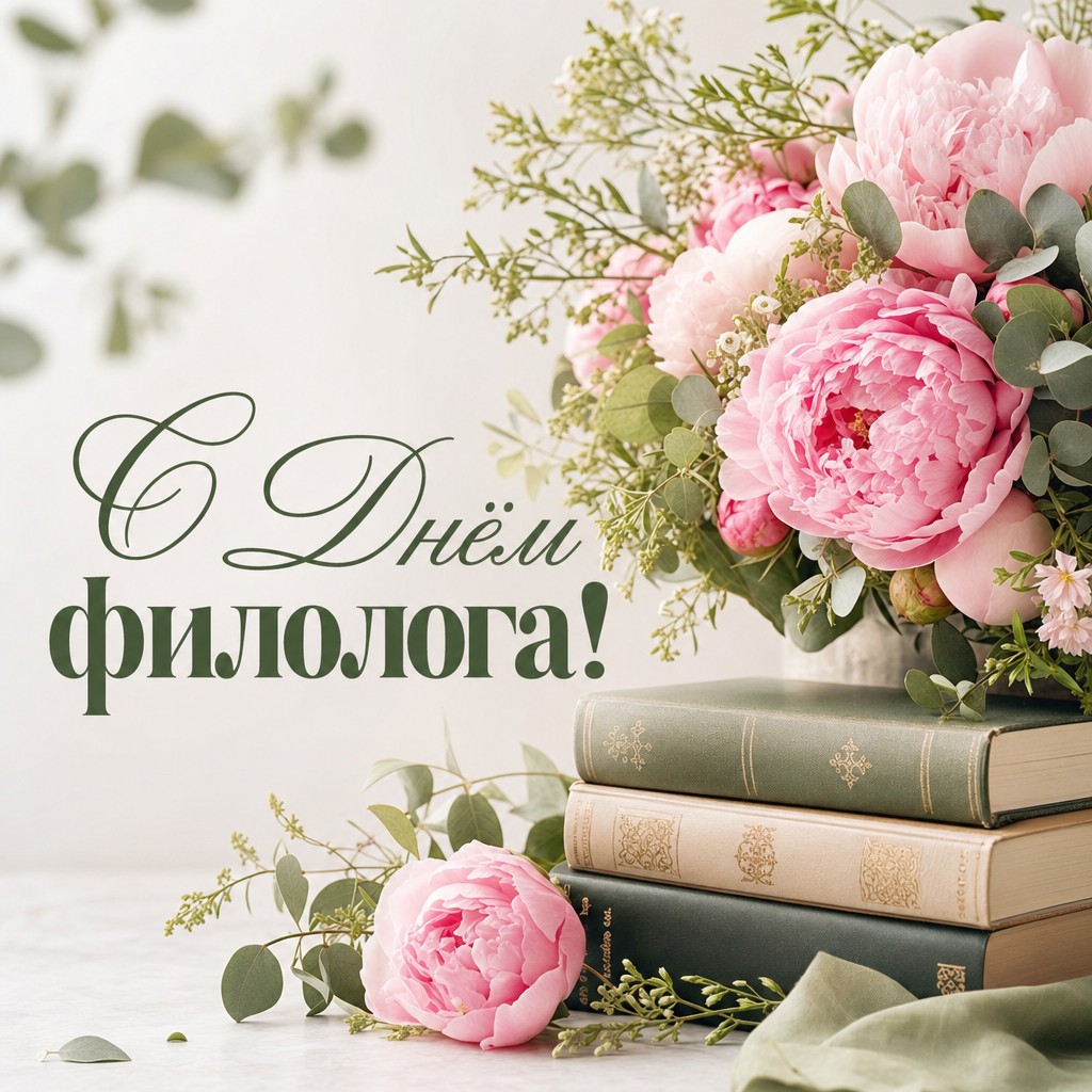 Нежная открытка на День филолога с реалистичными пионами, зеленью и стопкой книг в светлой палитре.
