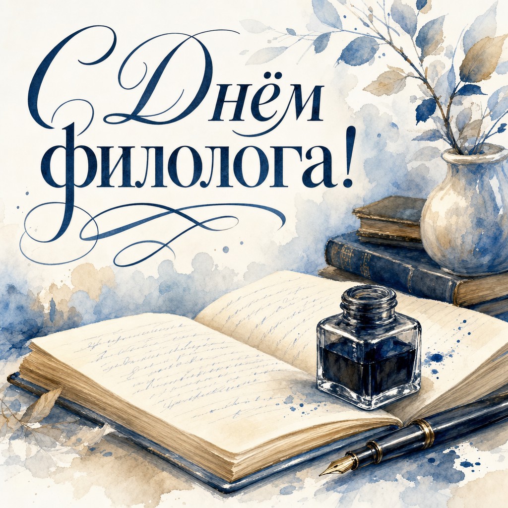 Акварельная открытка на День филолога с тетрадью, чернильницей и лёгким рукописным настроением.