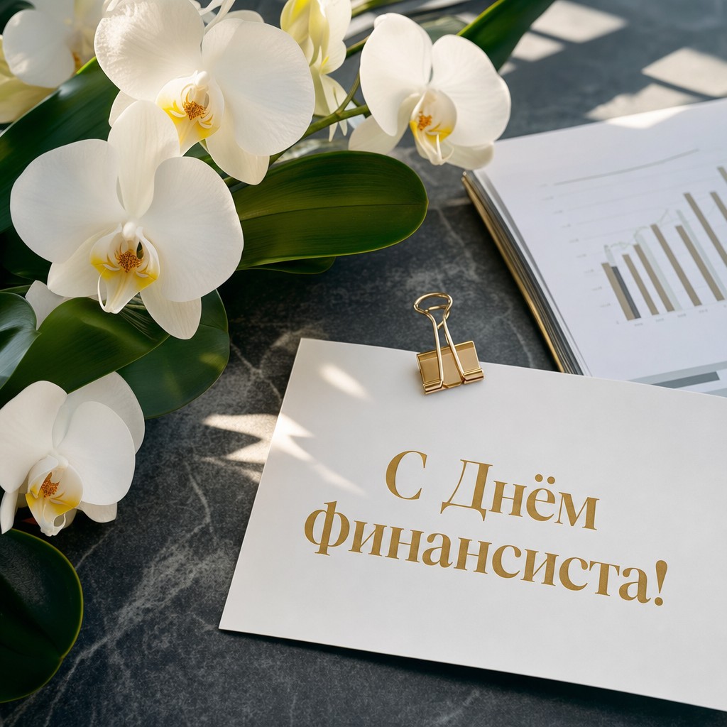 Элегантная открытка ко Дню финансиста с белыми орхидеями и деловым финансовым отчётом.