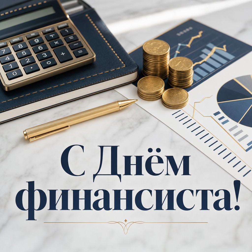 Стильная открытка ко Дню финансиста с калькулятором, золотой ручкой и монетами в премиальной деловой эстетике.