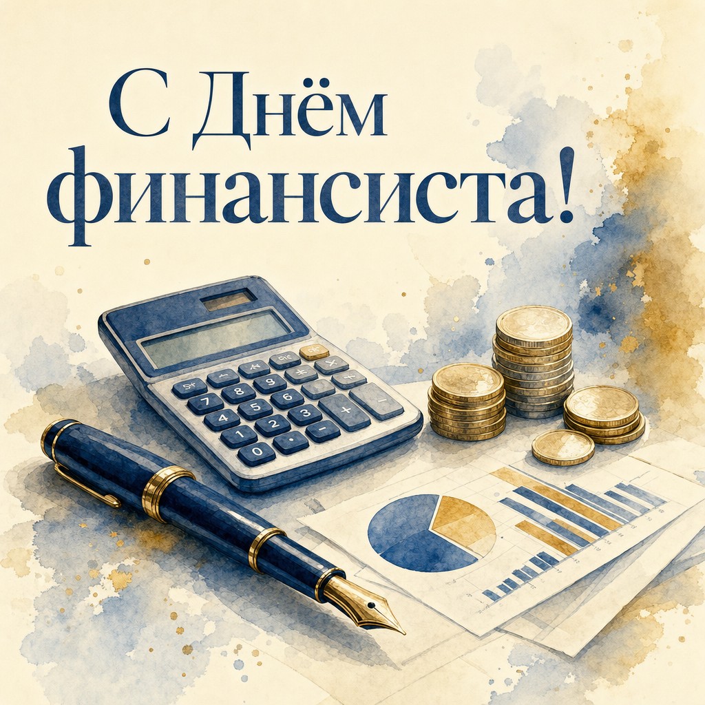 Нежная акварельная открытка ко Дню финансиста с ручкой, калькулятором и монетами.