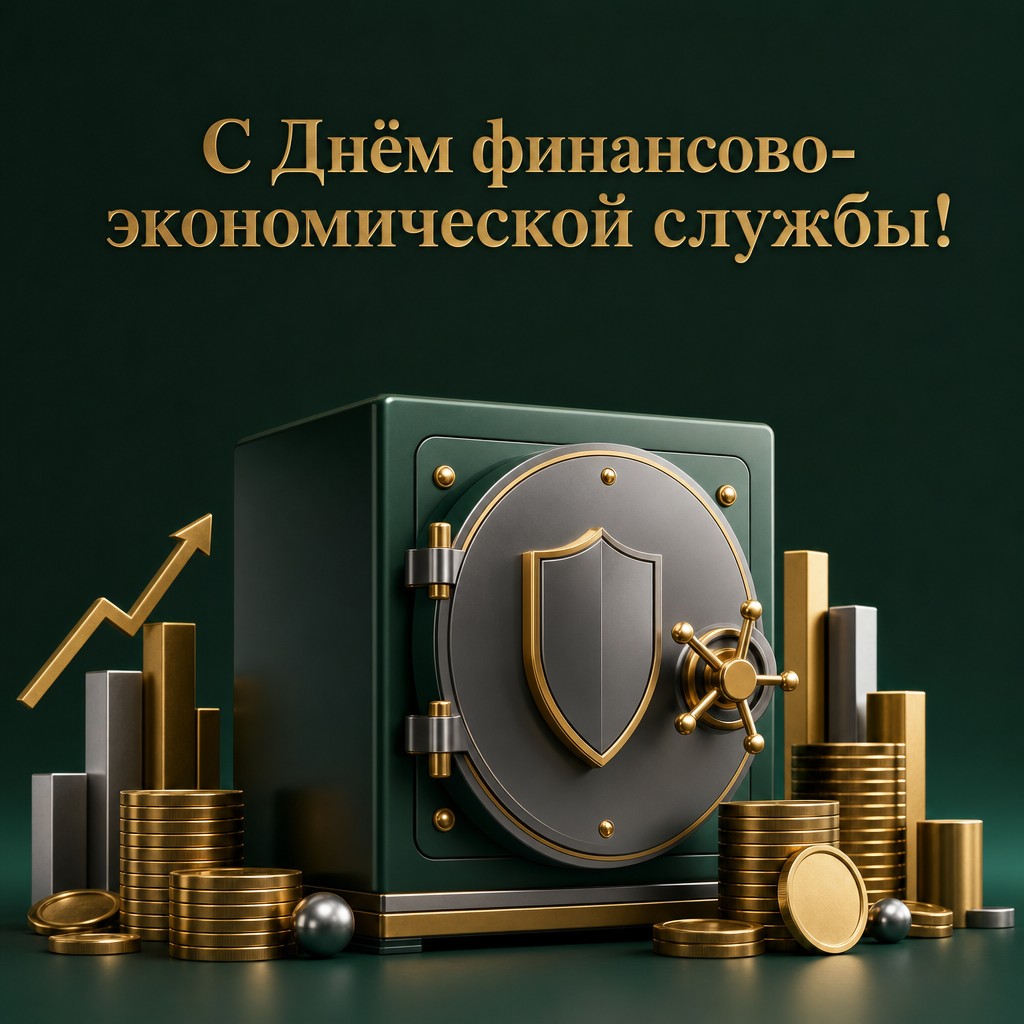 Современная 3D-открытка с сейфом, щитом и монетами для поздравления с Днём финансово-экономической службы ВС России.