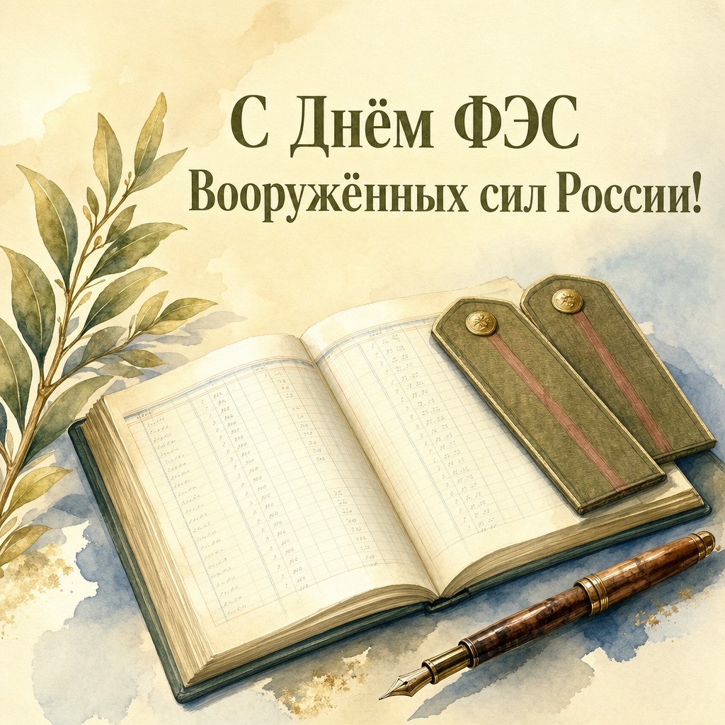 Нежная акварельная открытка с ведомостью, лавром и погонами для поздравления финансово-экономической службы ВС России.