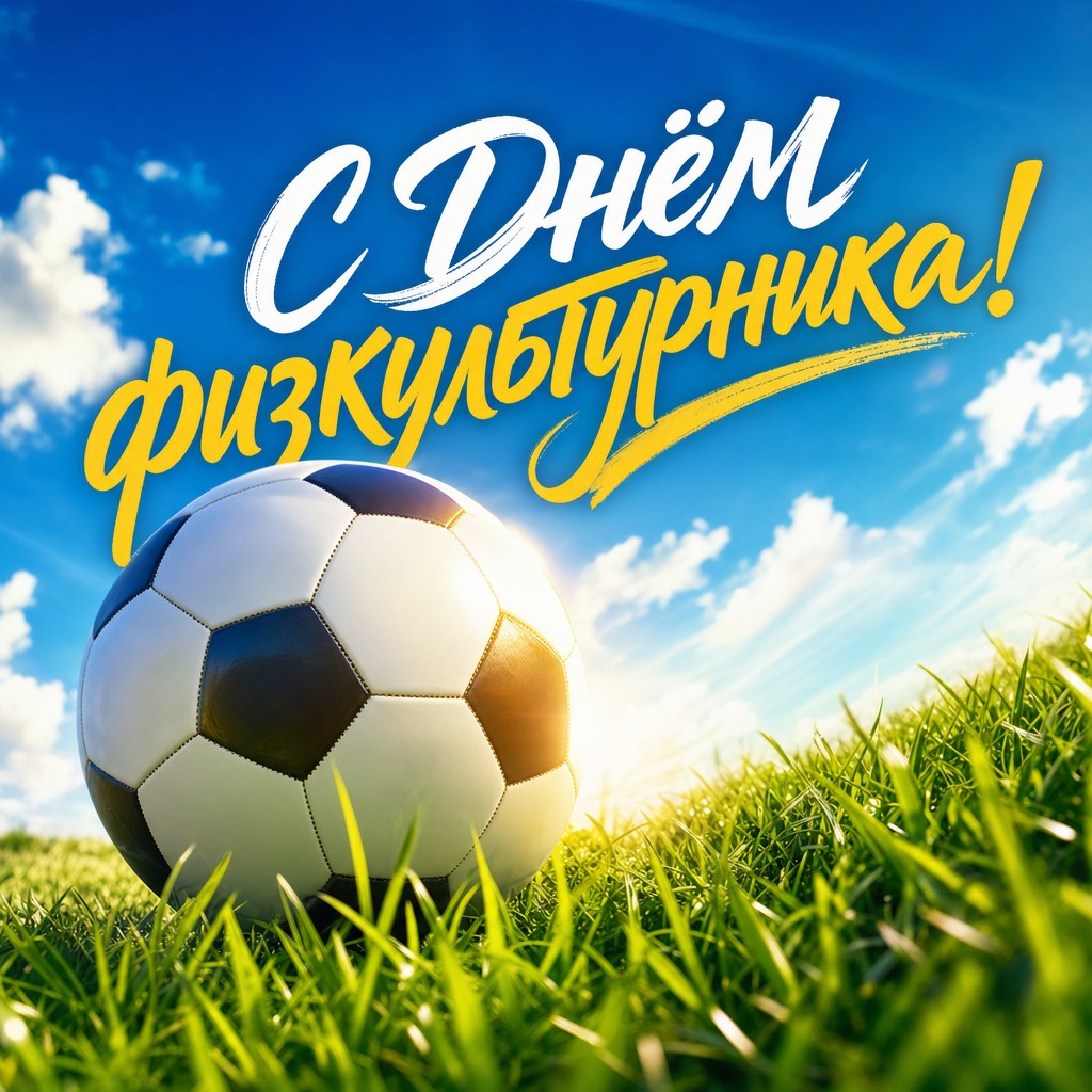 Яркая открытка на День физкультурника с футбольным мячом, зелёным полем и летним настроением.