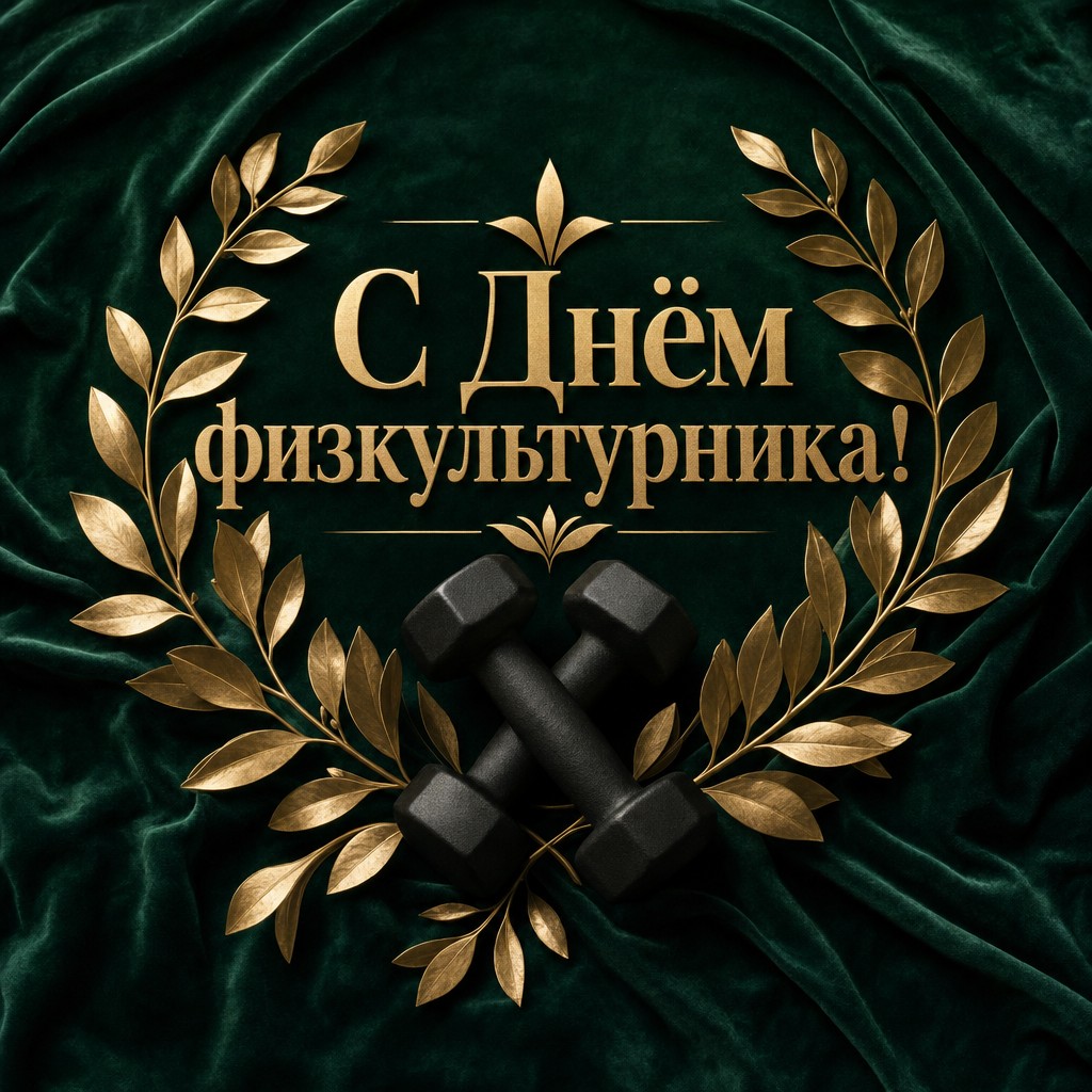 Премиальная открытка на День физкультурника с гантелями, лавром и благородной изумрудной палитрой.