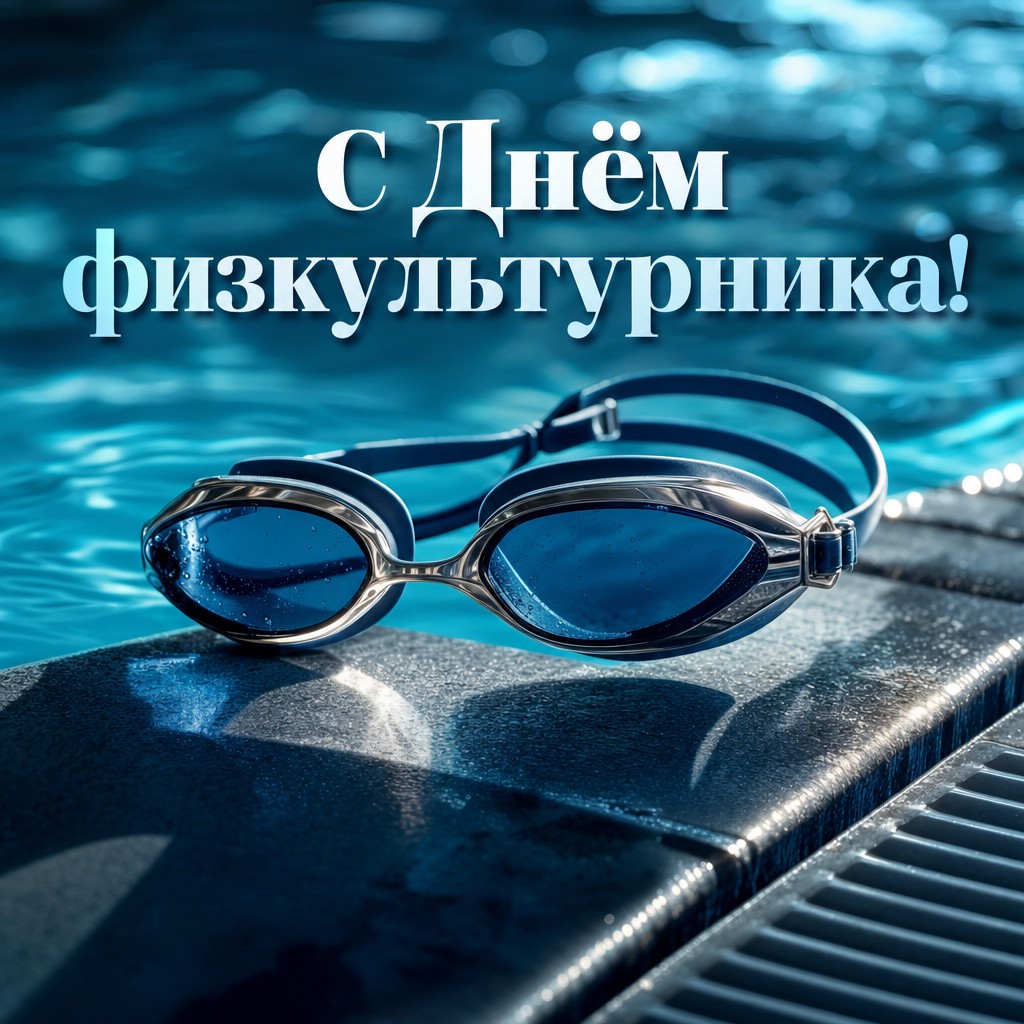 Кинематографичная открытка на День физкультурника с плавательными очками и сияющей водой бассейна.